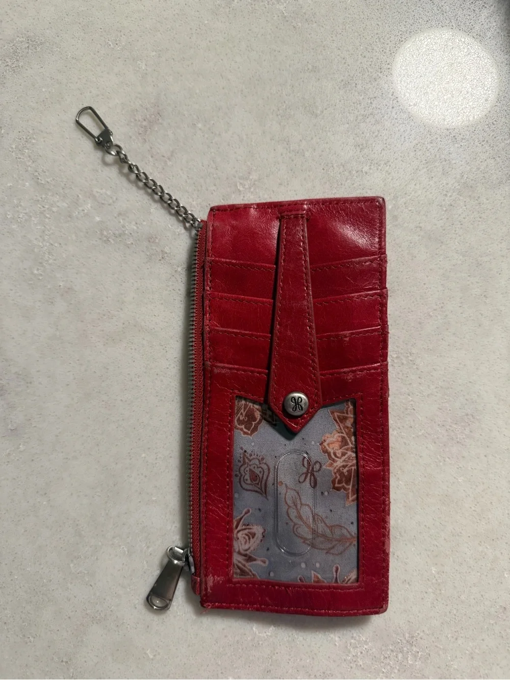 Hobo Red Leather Card & ID Wallet with Zip and Chain